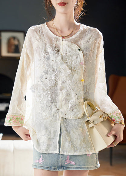 New Beige O-neck Embroidered Sequins Blouses Fall