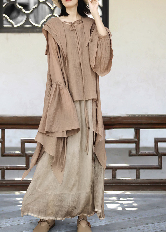 Khaki Asymmetrical Lace Up Cotton Upf 50+ Shirt Flare Sleeve