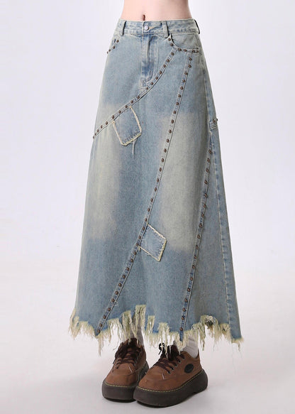 Blue Tasseled Patchwork Rivet Denim a Line Skirt Spring