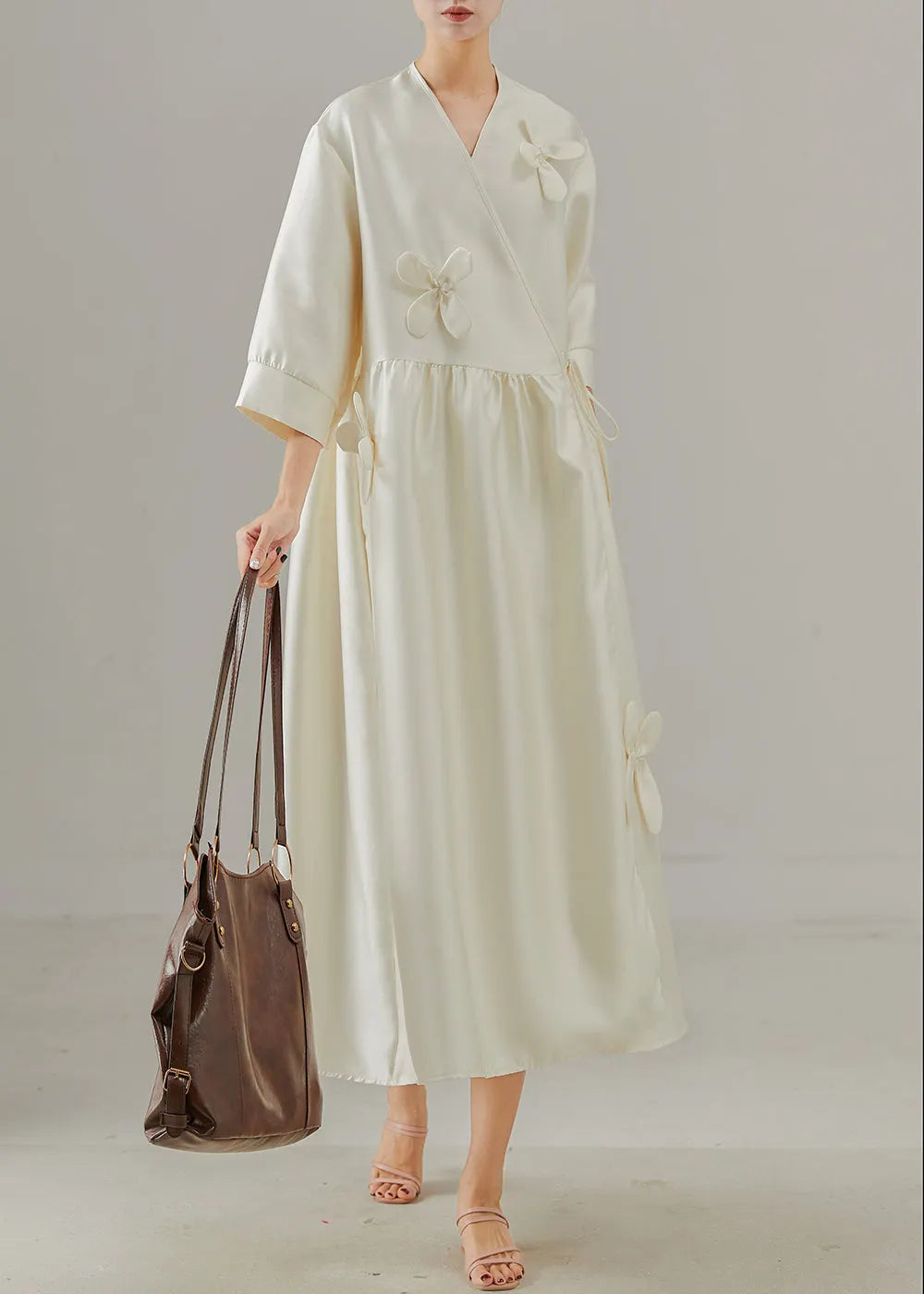 Boutique White Three-dimensional Lace Up Silk Dress Summer