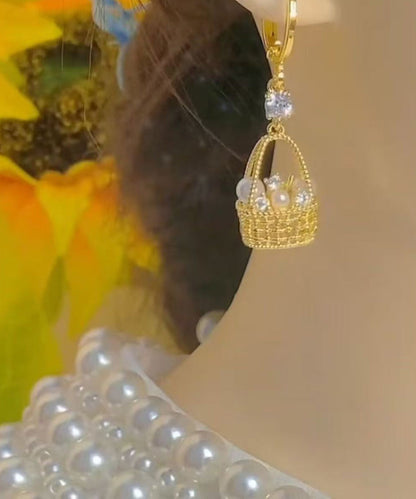 Vogue Gold Copper Alloy Zircon Pearl Fower Basket Drop Earrings