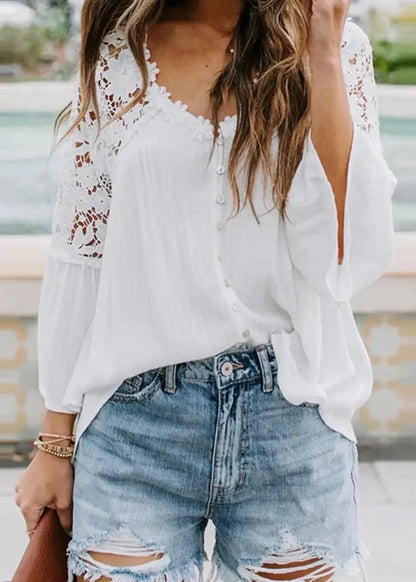 French White Lace Patchwork Shirts Flare Sleeve