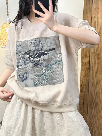 Summer Bird Print Cotton Shirt