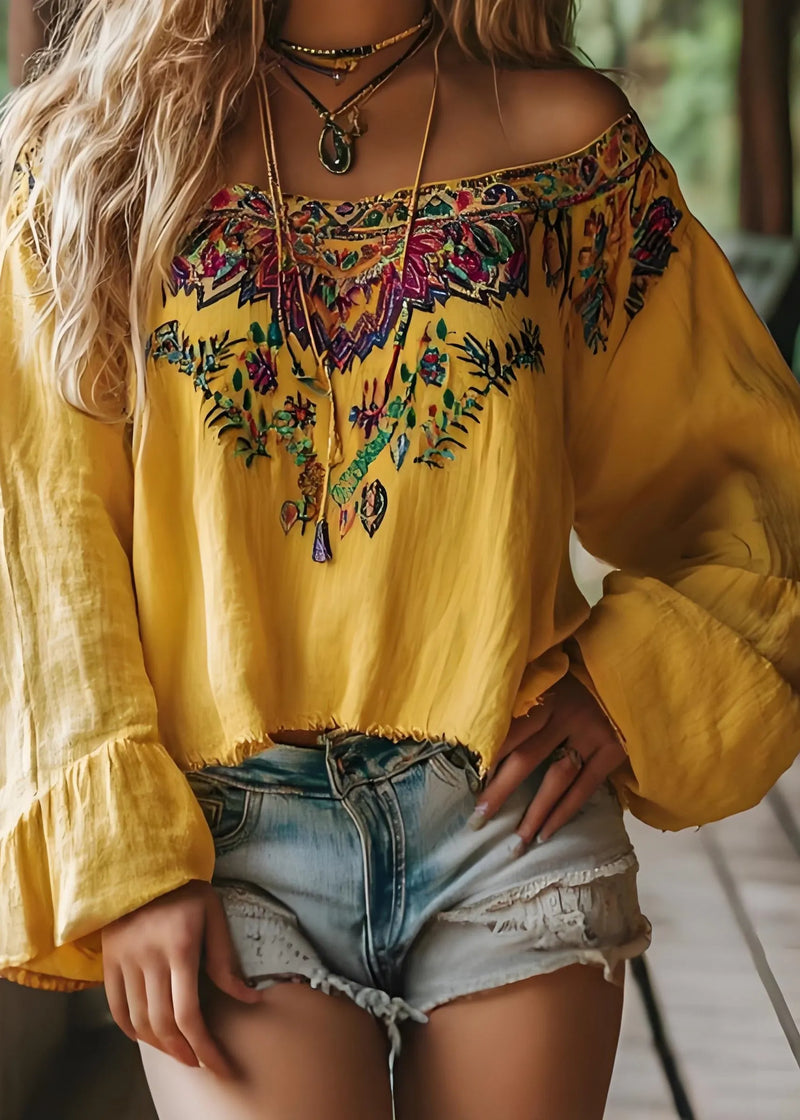 Yellow Slash Neck Print Cotton Shirts Spring