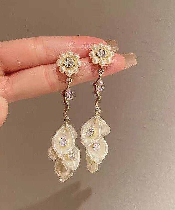 Gold Alloy Zircon Pearl Tassel Drop Earrings