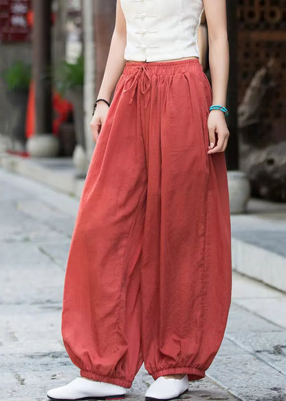 Rust Lace Up Linen Crop Pants Elastic Waist
