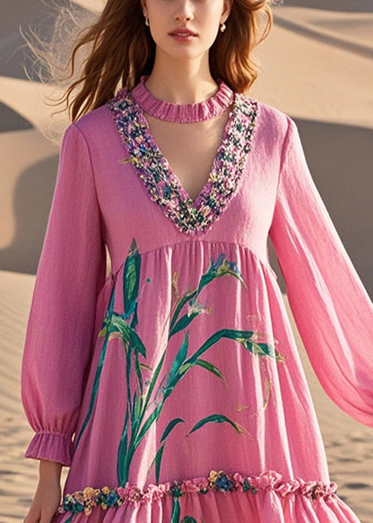 Pink V Neck Patchwork Print Cotton Day Dress Fall