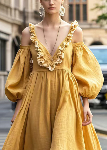Yellow Cold Shoulder Ruffled Party Dresses Lantern Sleeve