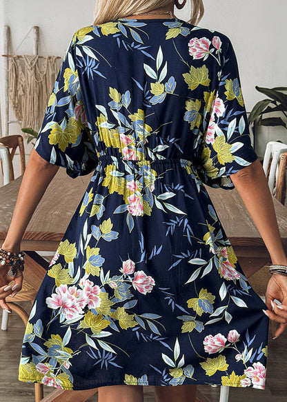 Loose Navy V Neck Hollow Out Print Cotton Dress Batwing Sleeve
