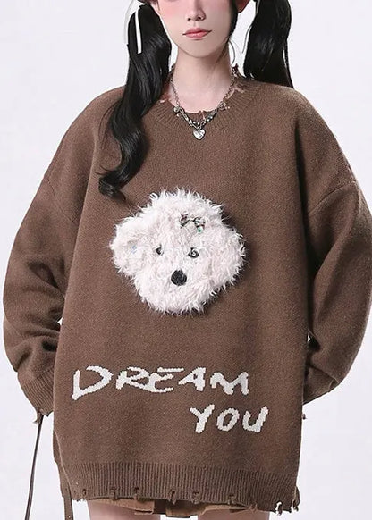 Brown Oversized Dog Knit Sweaters Spring