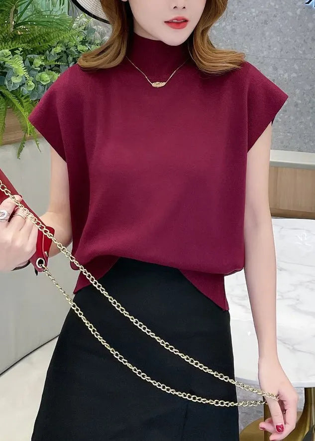 Camel Half Hign Neck Knit Top Summer