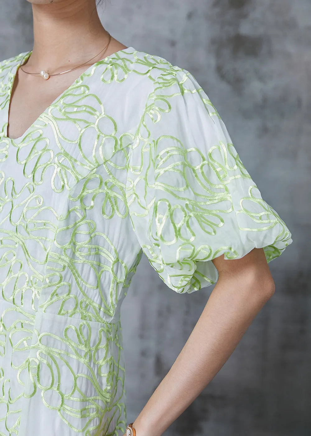 Green Embroidered Organza Robe Dresses Puff Sleeve