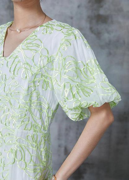 Green Embroidered Organza Robe Dresses Puff Sleeve