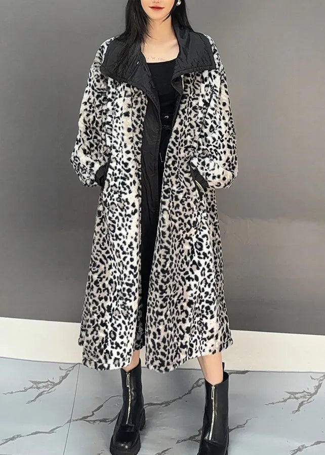 Dark Grey Leopard Patchwork Pockets Long Trench Coat Spring