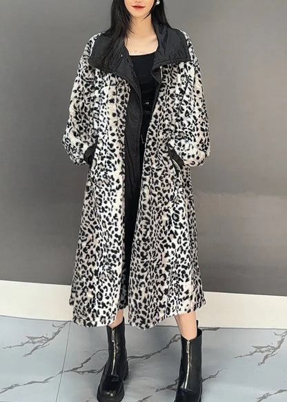 Dark Grey Leopard Patchwork Pockets Long Trench Coat Spring