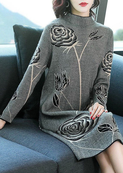 Black Stand Collar Print Knit Sweater Dress Winter