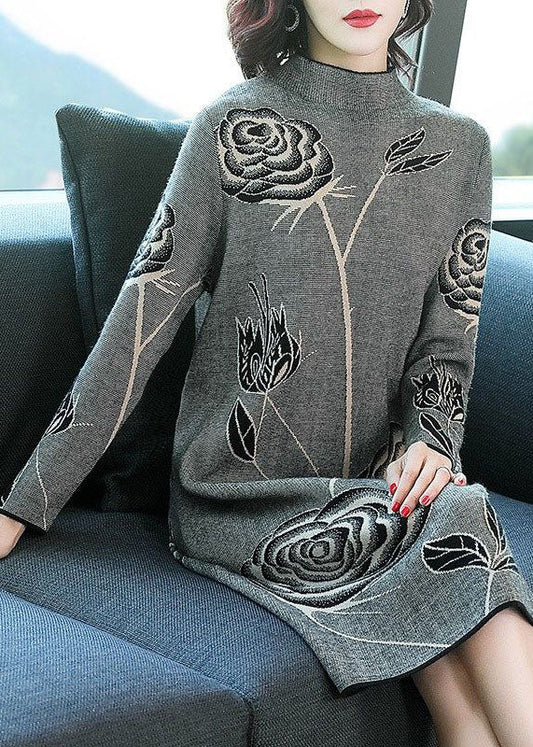 Black Stand Collar Print Knit Sweater Dress Winter