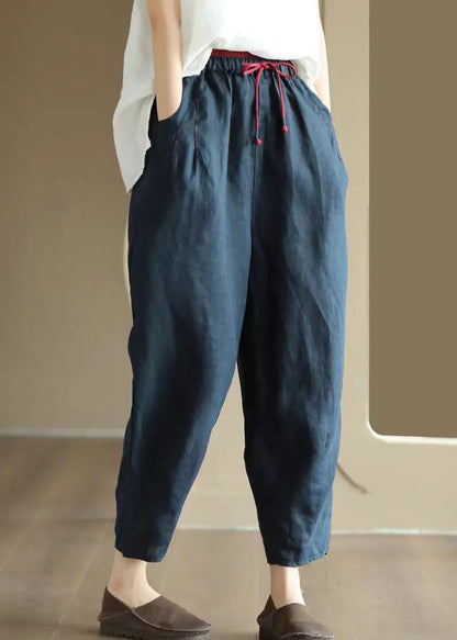 Art Navy Pockets Embroidered Patchwork Linen Pants Summer