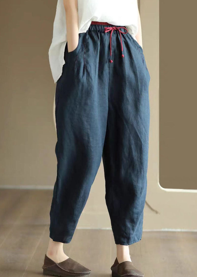 Art Navy Pockets Embroidered Patchwork Linen Pants Summer