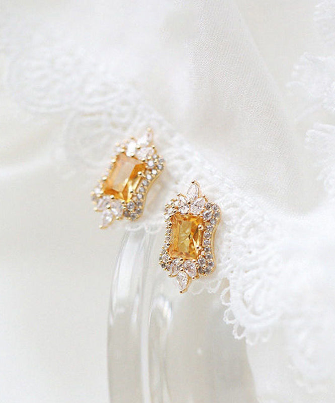 Yellow Sterling Silver Overgild Zircon Stud Earrings