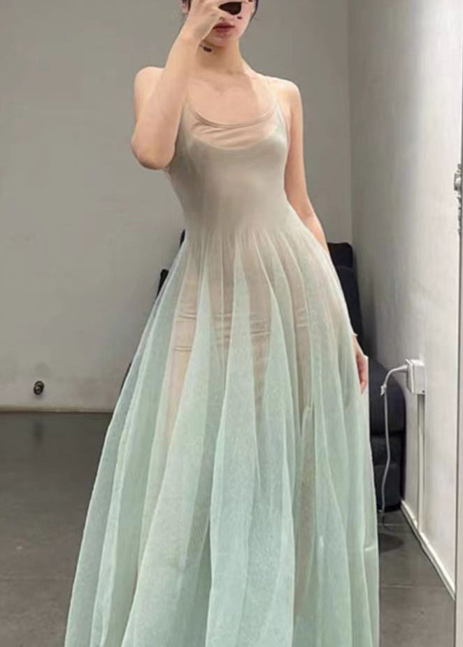 Light Green O-neck Tulle Spaghetti Strap Dress Sleeveless