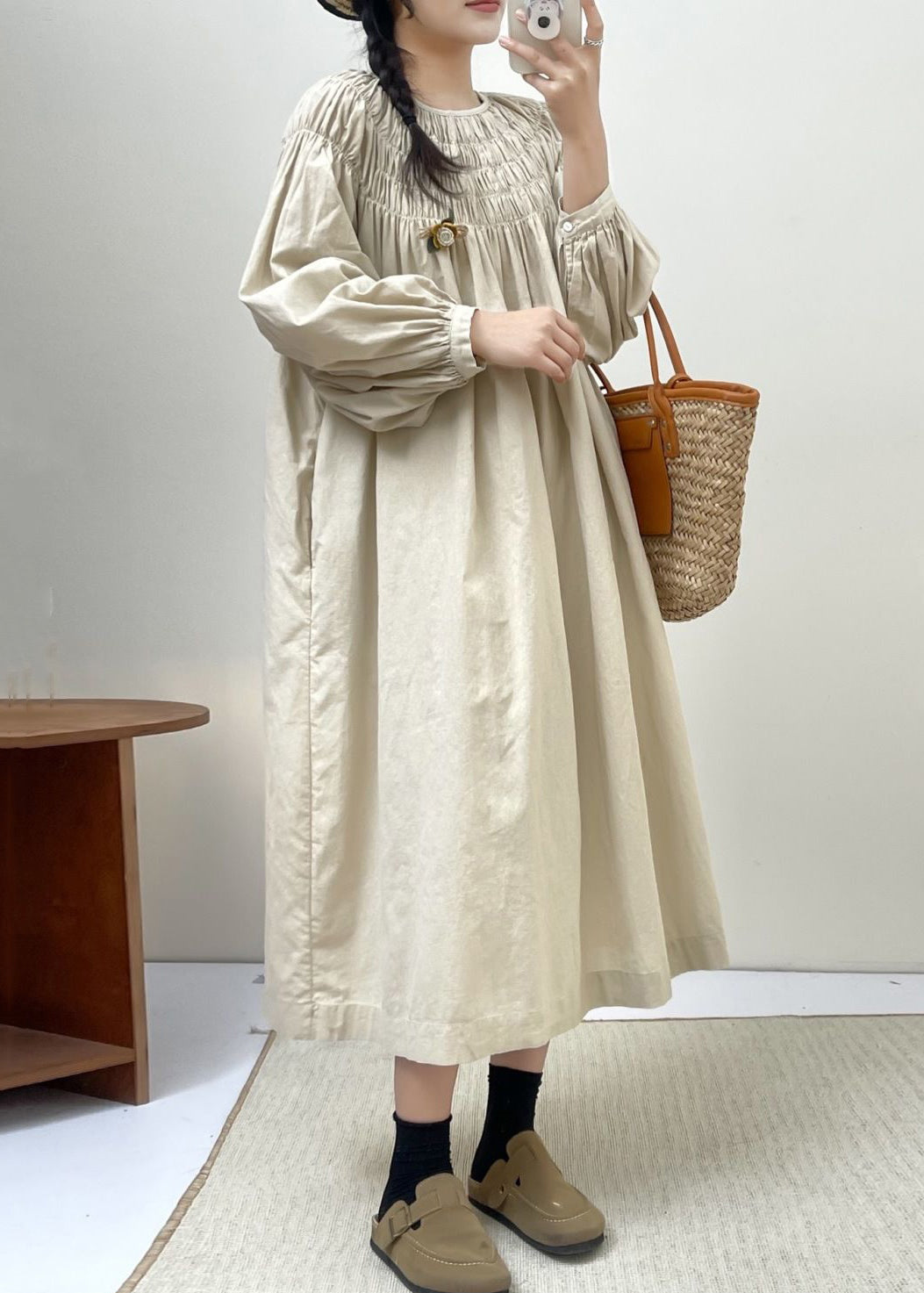 Beige Cotton Dresses Lace Up Long Sleeve