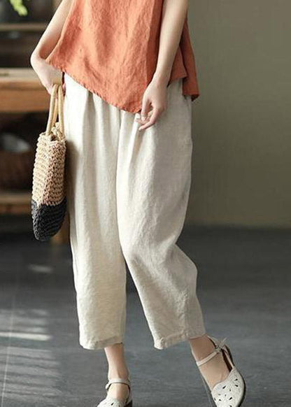 Linen Colour Drawstring Pockets Elastic Waist Linen Crop Pants Summer