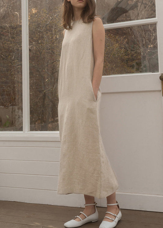 O Neck Pockets Simple Linen Long Dress Sleeveless