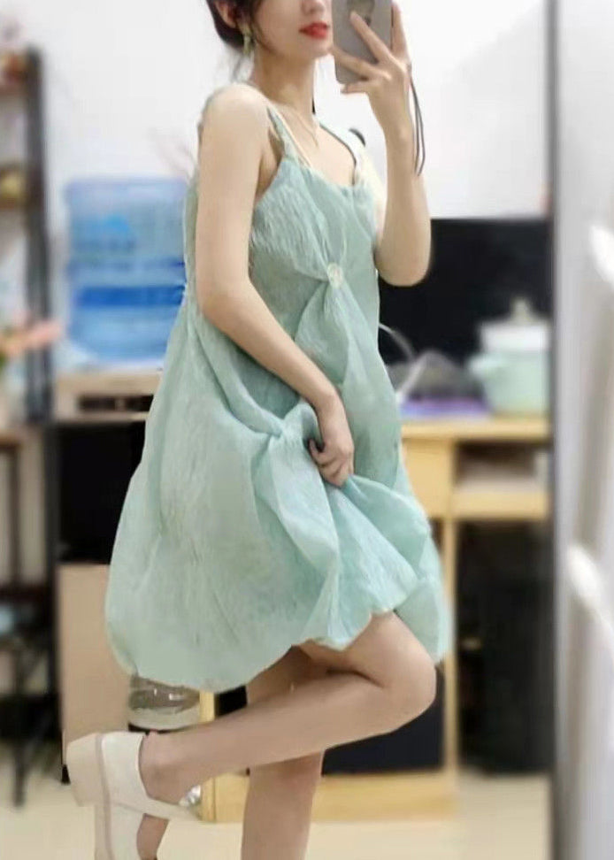 Green Square Collar Original Design Cotton Spaghetti Strap Dress Sleeveless