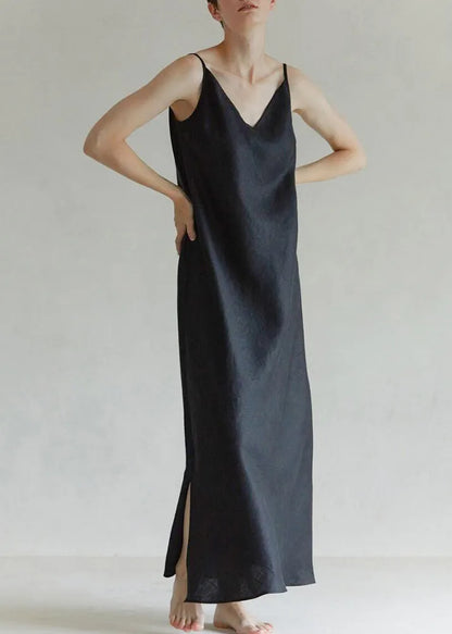 Black V Neck Side Open Linen Spaghetti Strap Dress Summer