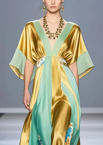 Art Golden V Neck Patchwork Print Silk Long Dresses Summer