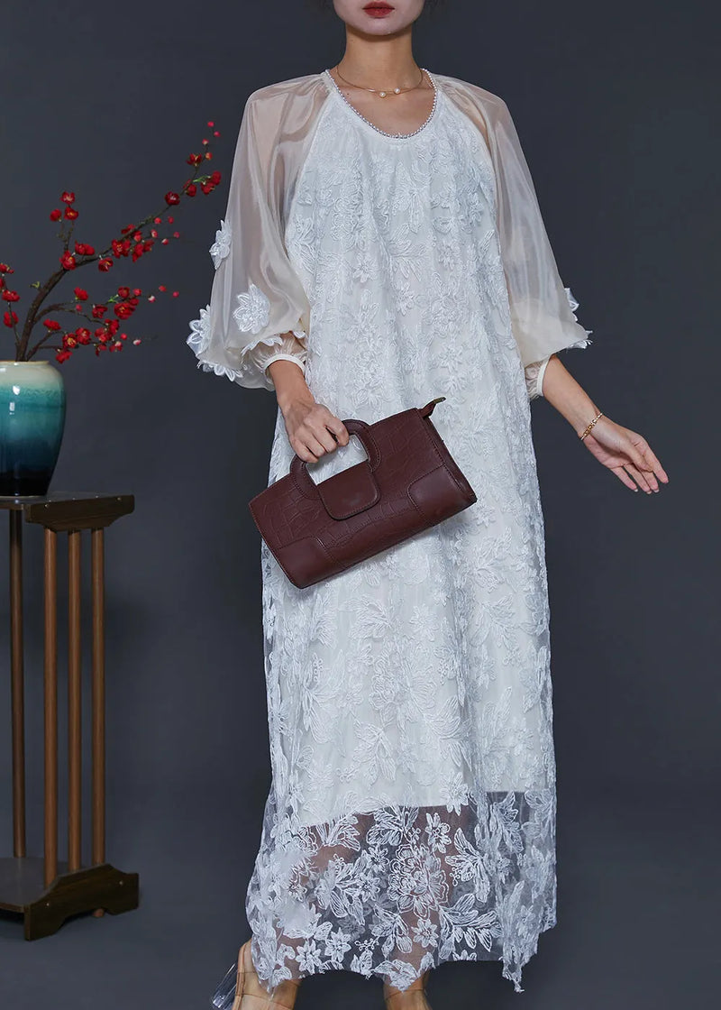 White Embroidered Tulle Robe Dresses Lantern Sleeve