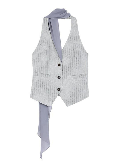Navy V Neck Striped Button Vest Sleeveless