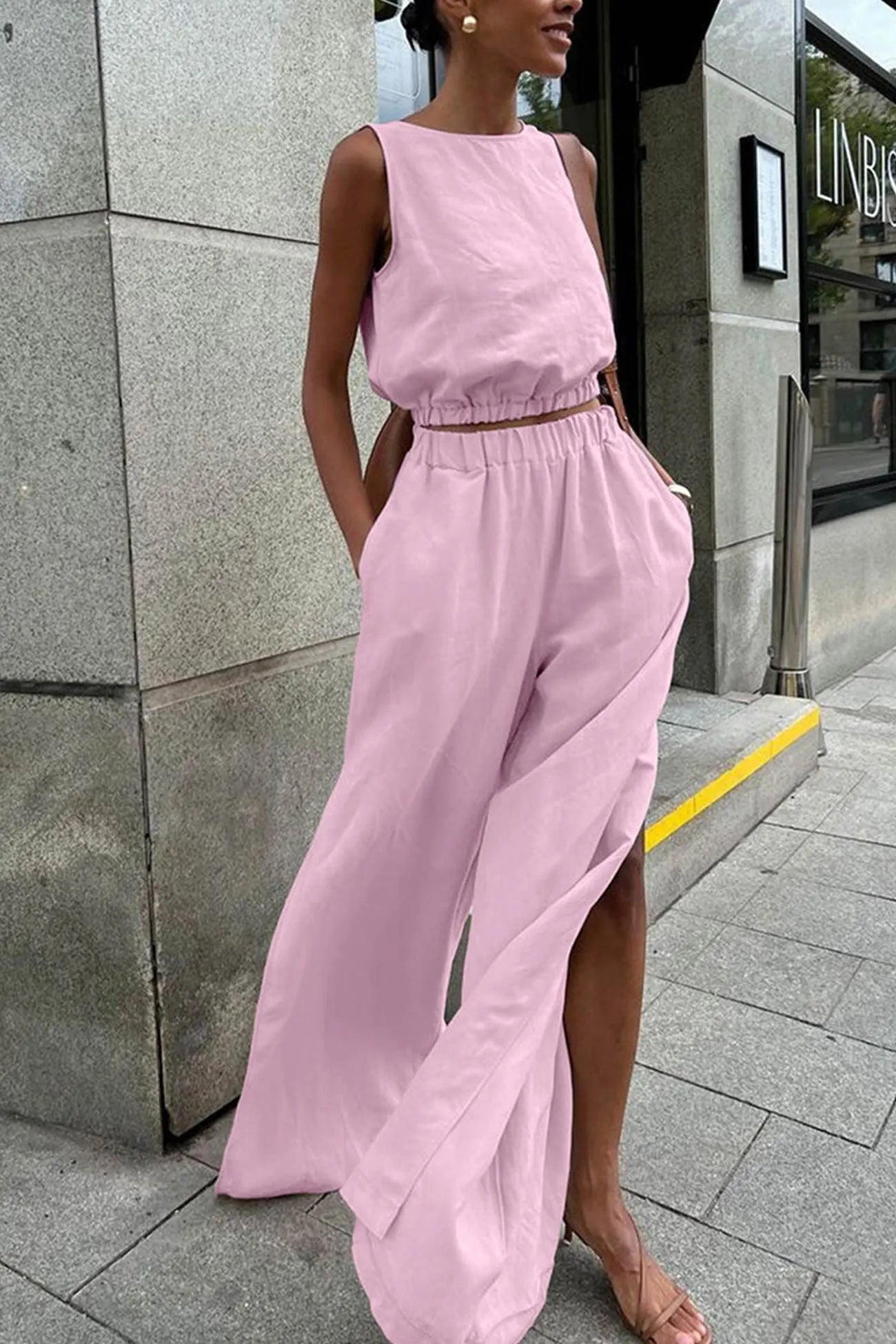 Cotton Linen Tank Top Slit Pants Suits