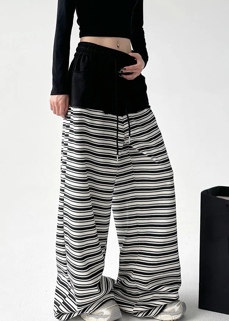 Black White Striped Pockets Tie Waist Wide Leg Pants Sprin