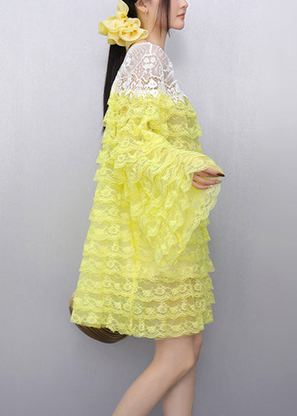 Original Design Yellow O-neck Sheer Knit Lace Tops Fall