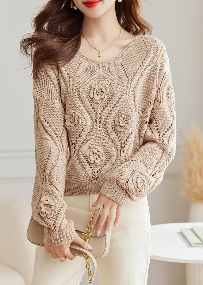 Light Camel O Neck Hollow Out Knit Sweaters Fall