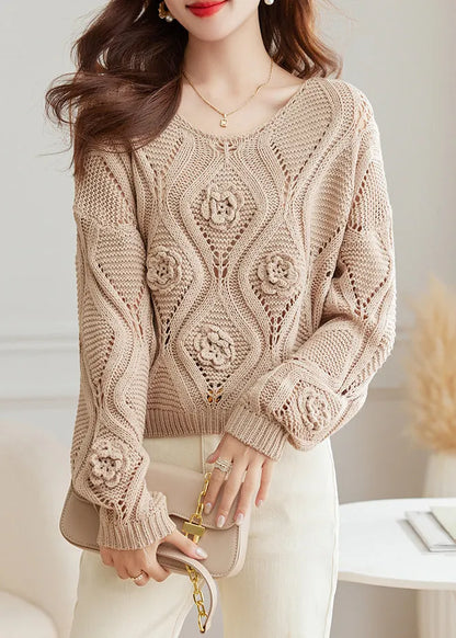 Light Camel O Neck Hollow Out Knit Sweaters Fall