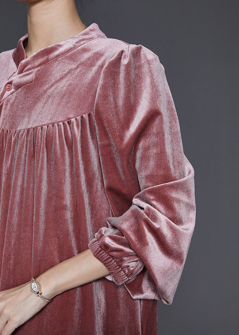 Diy Brick Red Stand Collar Oversized Silk Velvet Dress Spring