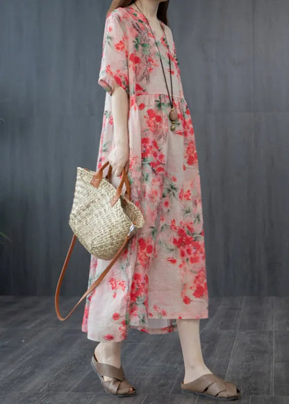 French Red Wrinkled V Neck Linen Long Dress Short Sleeve