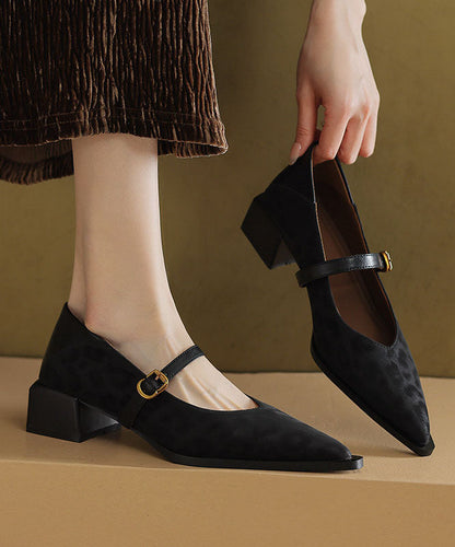 Leopard Brown Cowhide Leather Splicing Chunky High Heels