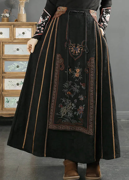 Chinese Style Yellow Edge Tasseled Embroideried Cotton Skirts Fall