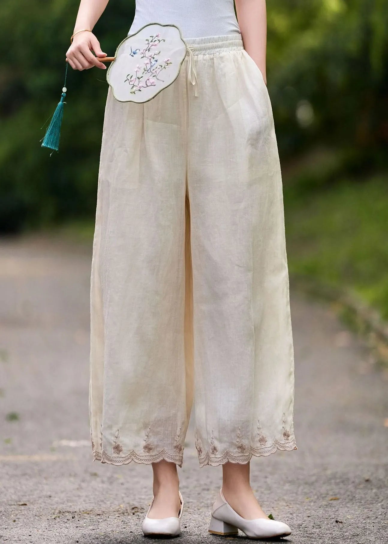 Pink Embroidered Elastic Waist Linen Pants Summer