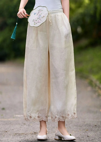 Pink Embroidered Elastic Waist Linen Pants Summer