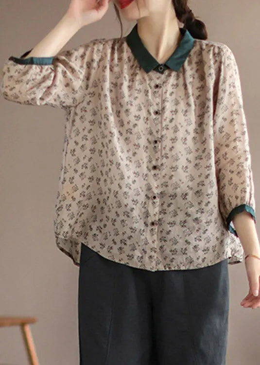 Chocolate Peter Pan Collar Button Linen Shirt Long Sleeve