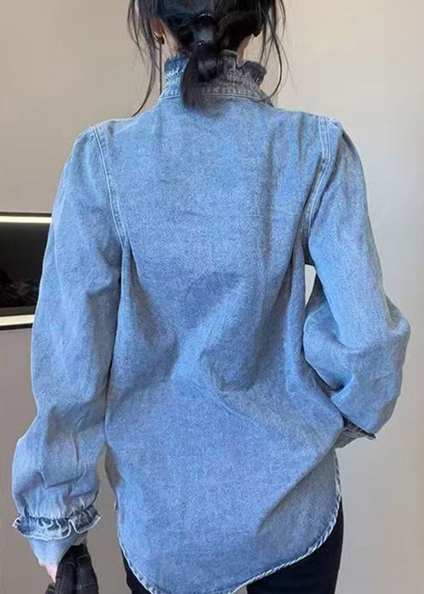 Blue Ruffled Button Patchwork Cotton Shirt Top Fall