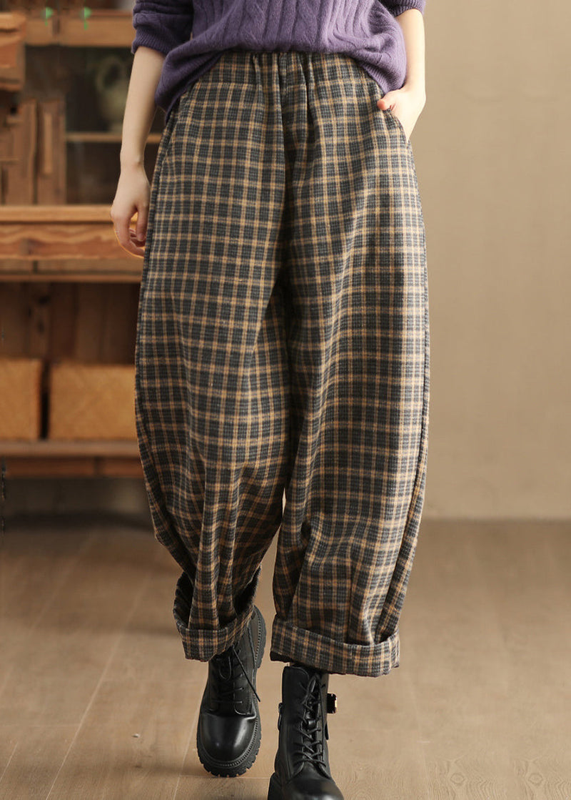 Pockets Plaid Elastic Waist Warm Fleece Trousers Spring
