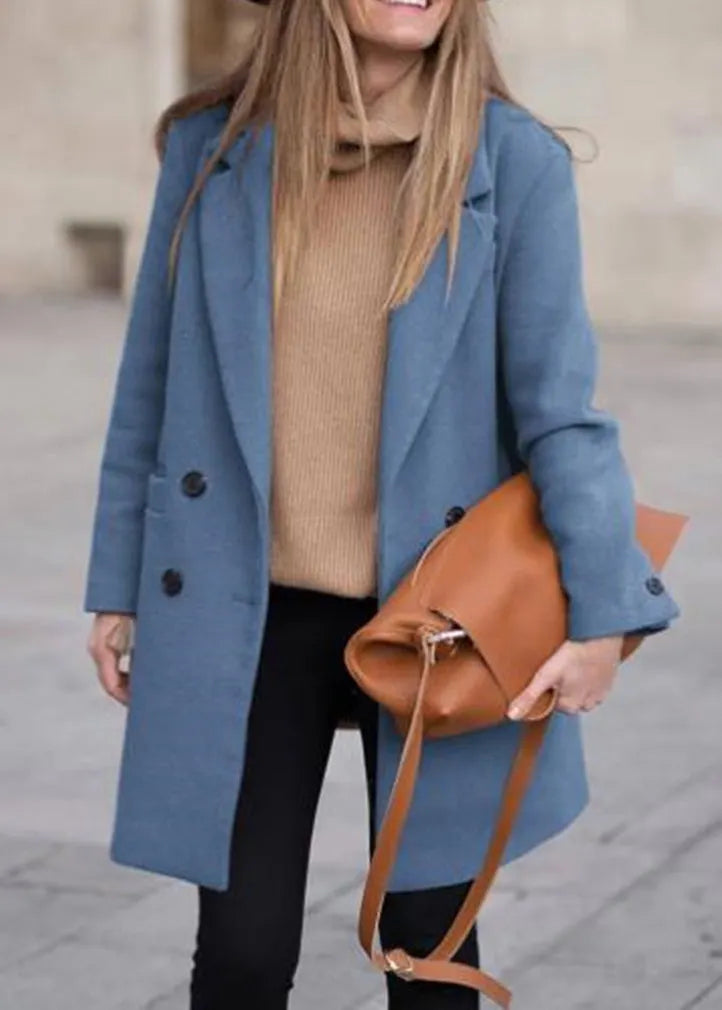 French Blue Peter Pan Collar Pockets Woolen Coats Fall