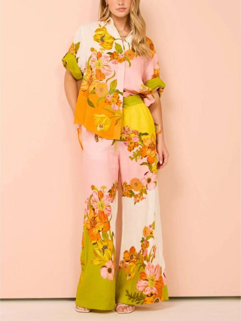 Elastic Waist Unique Print Pocketed Wide Leg Pants