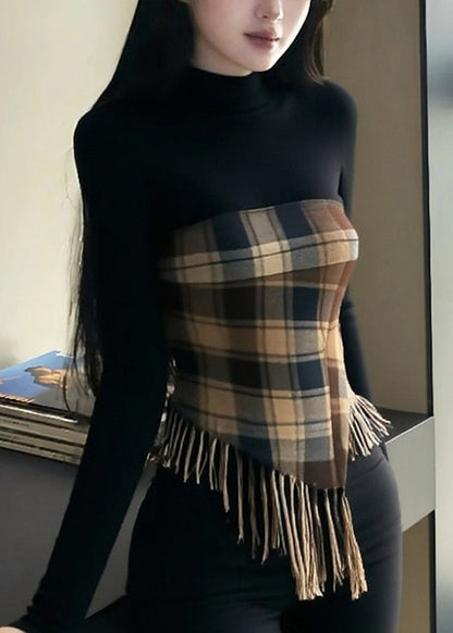 Black Tasseled Plaid Patchwork Knitting Cotton Tops Spring
